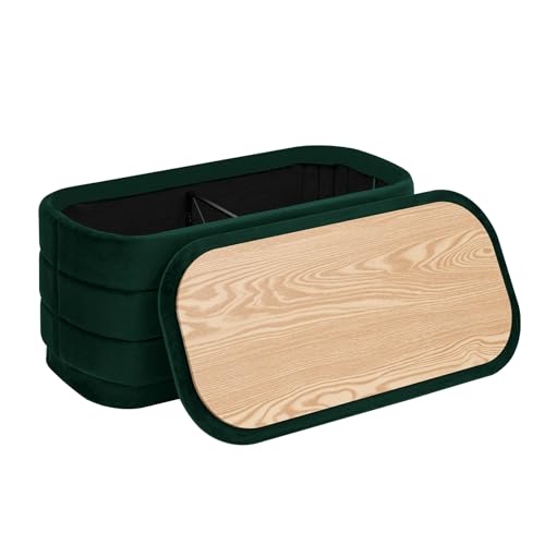 Image of 30 inch Velvet Storage Ottoman Bench with Wooden Tray Lid, Folding Large Upholstered Ottoman Footstool for Living Room, Rectangular Padded Foot Rest for Bedroom Living Room Dorm, Bottle Green