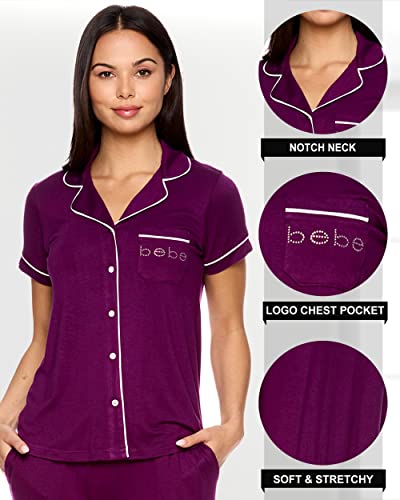 bebe Womens Pajama Sets - Notch Collar Pajama Top and Pajama Pants PJ Set - Pajamas for Women (Deep Purple, Large) - Thumbnail 2