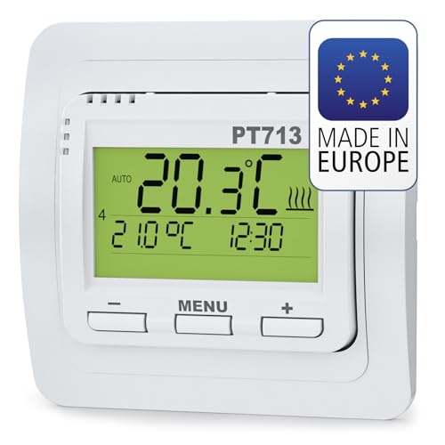 ELEKTROBOCK PT713 Digitaler Raumthermostat mit 𝚅𝚎𝚛𝚋𝚛𝚊𝚞𝚌𝚑𝚜𝚋𝚎𝚛𝚎𝚌𝚑𝚗𝚞𝚗𝚐 - Beleuchtetem LCD Display - Optimal Start Funktion - Für elektrische Heizungen - Einstellbare Wochenprogramme