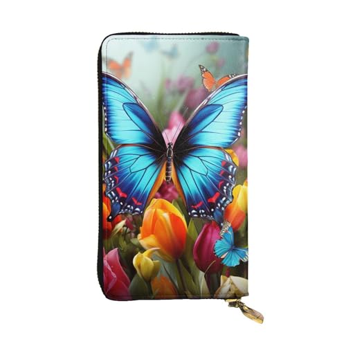 Portefeuille long en cuir coloré pour femme avec motif floral et papillon