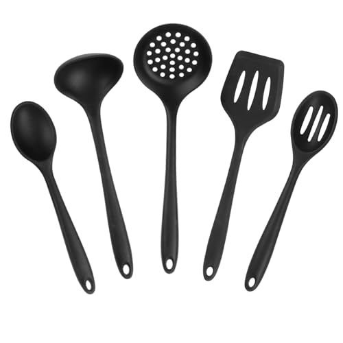 MAXCOOK Silicone Black Cooking Utensil Set, 5 Pieces kitchen Utensil Set, Nonstick Tools Spatula Set, Heat Resistant Spatula Ladle Spoon Pasta Server for Cooking (Dishwasher safe)