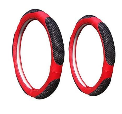 Image of Microfiber Car Steering Wheel Cover, Soft Padding Great Hand Feel, Anti-Slip, Faux Leather Steering Cover for Datsun Go | Black Red Jali - Pack of 1