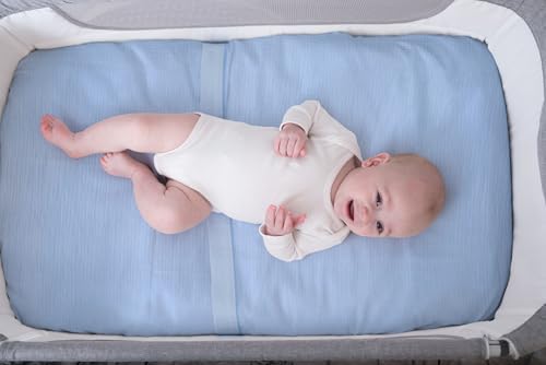 Image of Meracorallo Muslin Pack and Play Fitted Sheet, 100% Cotton, Sky Blue | Soft Breathable Mini Crib Sheet, Pack N Play Sheet, 38x26 In, Playard Mattress Sheet for Baby Boys and Girls