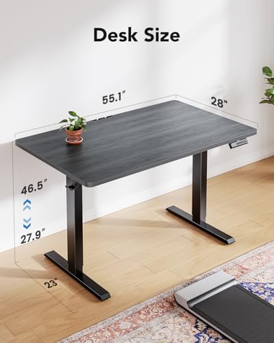 HUANUO 55" x 28" Electric Standing Desk Adjustable Height, 4 Memory Height Settings, Headphone Hook, Cable Manager, Sit Stand Up Desk for Home Office & Computer Workstation, Grey