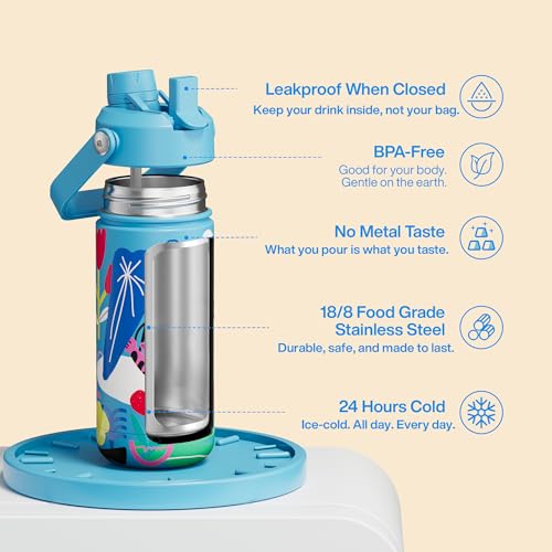 Image of Kids Insualated Water Bottle with Straw,18oz Stainless Steel Water Bottle with Dual Spouts, Leak-Proof,BPA-Free,Double Wall Vacuum Keeps Cold for 24 Hours for Sports,Travel,School (Flower Cat)