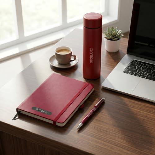 Image of Personalized Diary Gift Set with Bottle & Pen Red | 3-in-1 | Custom name diary, stainless steel bottle and pen combo for corporate gifting, employees, men, women and office use.