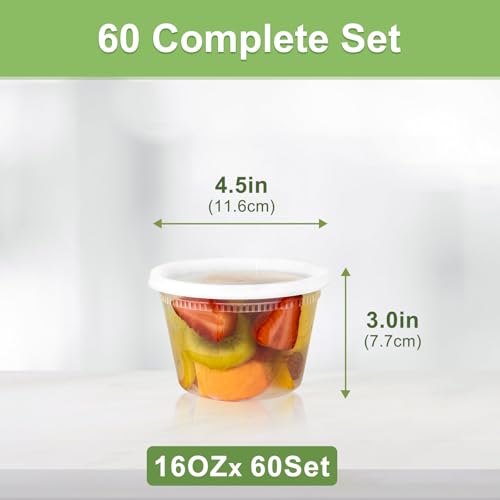 image for Dipoo 60 Sets (120-Piece) Deli Containers with Lids 16 oz, Leak-Proof 