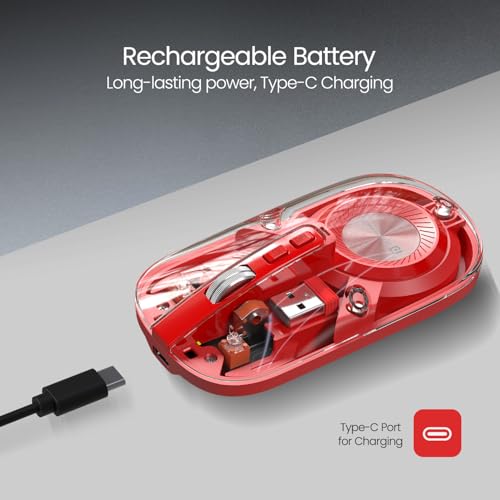 Image of Portronics Toad 8 Transparent Wireless Bluetooth Mouse with Dual Wireless (BT + 2.4 GHz), Rechargeable Battery, Noise-Free Clicking, Show /Hide Desktop, Multi-Device Pair, Adjust Sensitivity (Red)