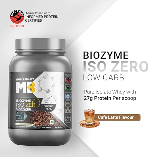 Image of MuscleBlaze Biozyme Iso-Zero Whey Protein Isolate Powder, 1kg (2.2lbs) | Blue Tokai Cafe Latte | 27g Whey Protein Per Scoop | USA Patent-Published Enhanced Absorption Formula (EAF)