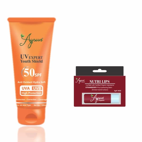AysunCombo Pack of UV Expert Youth Shield 50SPF & Nutri Lip Balm Strawberry Pack of 2