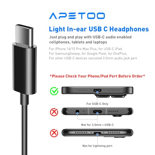 Image of APETOO USB C Headphones for iPhone 17 16 15 Pro Max, Wired Earbuds with Mic