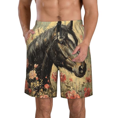 Men's Swim Trunks Beach Board Shorts Swimming Quick Dry - Funny Horse Floral Vintage