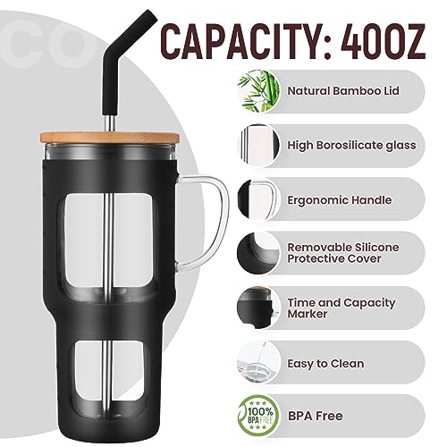COMOOO Black Glass Tumbler with Bamboo Lid and Straw, 40oz Iced Coffee Cup, Dishwasher Safe