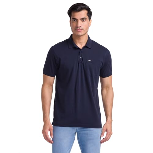 Image of Park Avenue Men Cotton Slim Fit Solid Pattern Polo Neck Casual T-Shirt
