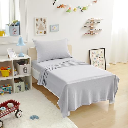 Image of Amazon Basics 3 Piece Bed Sheets Set, 100% Cotton Jersey, Includes Super Soft, Flat and Fitted Sheets, Pillowcase, Toddler, Light Gray, Solid
