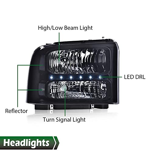 Image of GRAND ORANGE LED DRL Headlights Assembly, Compatible with 2005 2006 2007 Ford F250 F350 F450 F550 Super Duty bumper Headlamp, Amber Corner Headlight(Smoky lens Black Housing Clear Reflector)