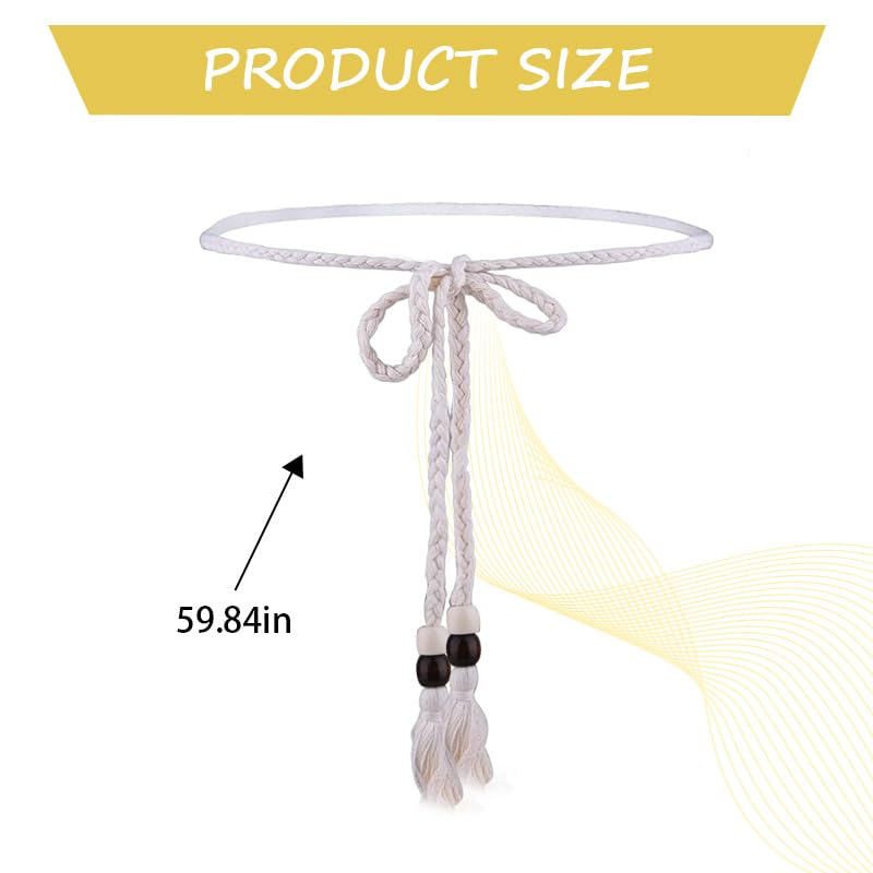 White Tassel Braided Rope Belt with Bead Waistband Fringe Woven Macrame Crochet Skinny Belt for Women Ladies Bohemian Woven Tie Belt for Summer Beach Dresses Pants Accessory Decoration3