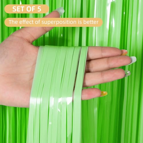 Image of 5 Pack Green Foil Curtain Backdrop 3.2ft x 8.2ft Tinsel Foil Fringe Curtains Macaron Photo Booth Streamer Backdrop for Party Decorations Birthday Baby Shower Bachelorette Holiday Decor (Pastel Green)