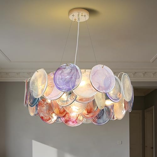 KVTOEP Luxury 24 Inch Multicolor Cloud Glass Chandelier, Hand Blown Swirled Art Glass Round...