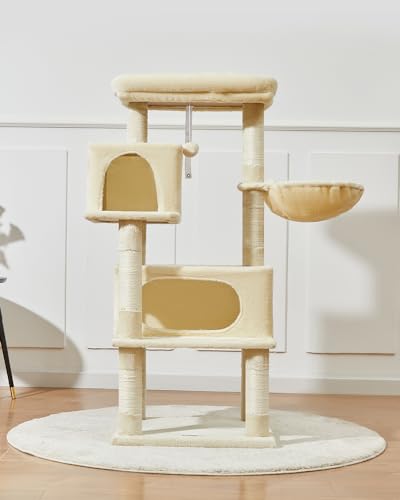 Image of Taoqimiao Cat Tree, 49In Cat Tower for Indoor Cats Large Adult | 2 Luxurious Cat Condos, Thick Padded Top Perch, Adjustable Hanging Baskets, 5 Scratching Sisal Posts, Beige MS029LM