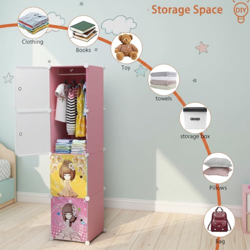 Image of KRISHYAM Kids Modular Storage Cabinet with Cartoon Princess Print Doors, 4 Cube Plastic Wardrobe Organizer, DIY Closet System with Hanging Rod, Toy & Clothes Storage (4 Box)