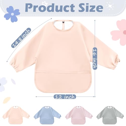 JaGely 4 Pack Long Sleeve Bibs Baby Smock Waterproof Sleeved Bids with Food Catcher for Baby Eating Feeding Ages 6-36 Months2