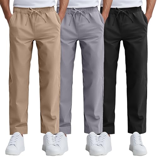 Ficerd 3 Pack Men's Casual Cotton Chino Pants, Summer Lounge Elastic Waist Drawstring Straight Pants Trousers with Pockets(Black, Light Gray, Khaki,L)