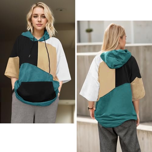 Mens Short Sleeve Hoodie Cotton Color Block T-Shirt Sweatshirt Moisture Wicking Half Sleeve Summer Pullover4