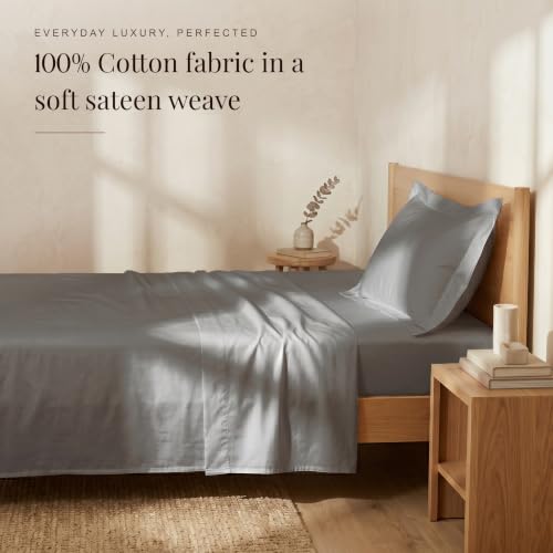 Image of HUESLAND 300 TC Premium Pure Cotton Sateen Weave Single Bedsheet with 2 Pillow Covers | Steel Grey | 88 x 55 Inches