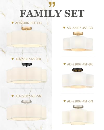 Image of Semi Flush Mount Ceiling Lights, 6-Light 18 inch Ceiling Light Fixtures with Fabric Shade in Flower Shape, Brushed Nickel Farmhouse Drum Lighting for Nursery Bedroom Kitchen, AD-22007-6SF-SN