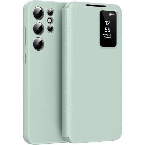 Image of Smart View Wallet Case for Samsung Galaxy S25 Ultra - Premium PU Leather Flip Cover with Mini Display Window, Internal Card Slot. (Lite Green, Samsung Galaxy S23 Ultra)