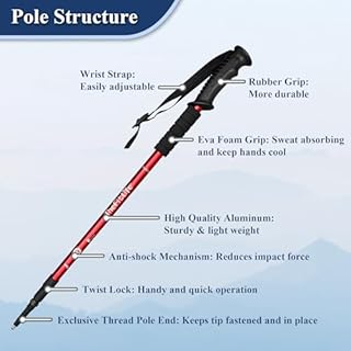 TheFitLife Nordic Walking Trekking Poles - 2 Packs with Antishock and Quick Lock System, Telescopic, Collapsible, Ultralight for Hiking, Camping, Mountaining, Backpacking, Walking, Trekking (Red)