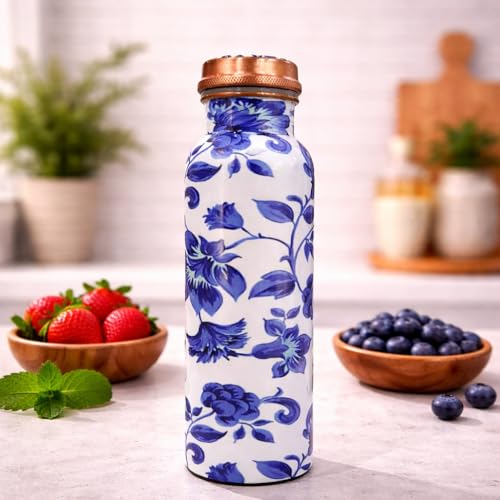 Image of JAIPUR ACE Hammered Pure Copper Water Bottle with Glass Set | 100% Copper Bottle Set | Leak Proof, Ayurvedic Health Benefits, Premium Design Gift Set for Home, Office, Gifting (Royal Blue Floral)