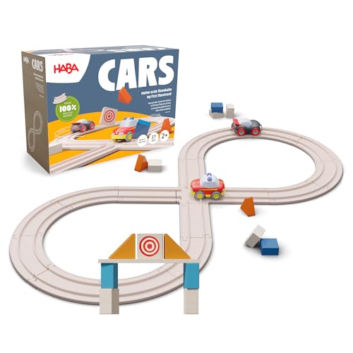HABA Cars - My First Racetrack, 27 Piece Sustainable Kids' Race Track Set, Battery-Free Push and Go Cars, Ideal STEM Toys for Toddlers Ages 2+