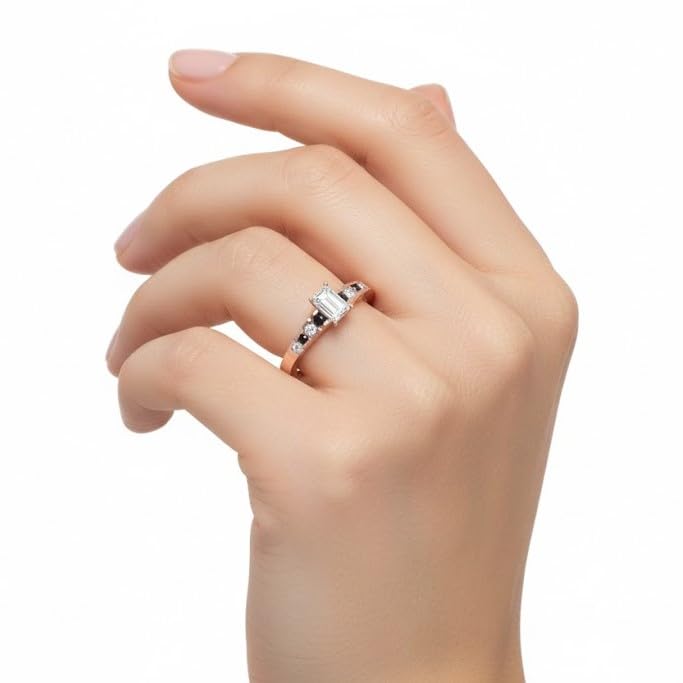 Image of 55Carat Choose Your Gemstone Diamond CZ Graduated Accent Ring Rose Gold Plated Emerald Shape Petite Engagement Rings Everyday Jewelry Wedding Jewelry Handmade Gifts for Wife US Size 4 to 12