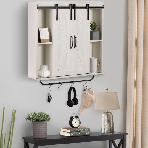 Image of RUSTOWN Farmhouse Bathroom Wall Cabinet with Sliding Barn Door & Towel Rack