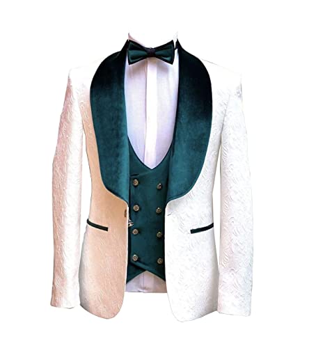 Mens Paisley Floral White Blazer Velvet Shawl Lapel Vest Prom Groom 3 Pieces Slim Fit Tuxedo Wedding Suits