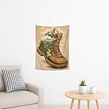 Tapiz de botas de senderismo con paisaje de montaña, decoración marrón natural para otoño, arte rústico para colgar en la pared para sala de estar, dormitorio, ambiente de campamento, 36 x 48 pulgadas