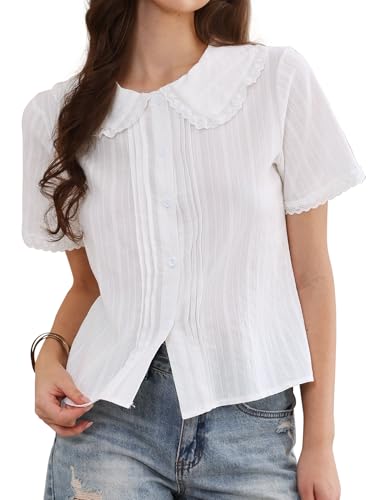 Allegra K Short Sleeve Shirts for Women Ruffle Peter Pan Collar Button Down Cotton Blouse Casual Summer Tops X-Large White