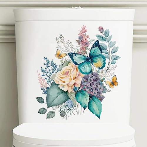 WC Aufkleber, Pfingstrose Schmetterlinge Badezimmer WC Sitz Deckel Abdeckung Abziehbilder Wasserdicht Selbstklebend Wandaufkleber für Badezimmer Dekor Toilettendeckel Abziehbilder