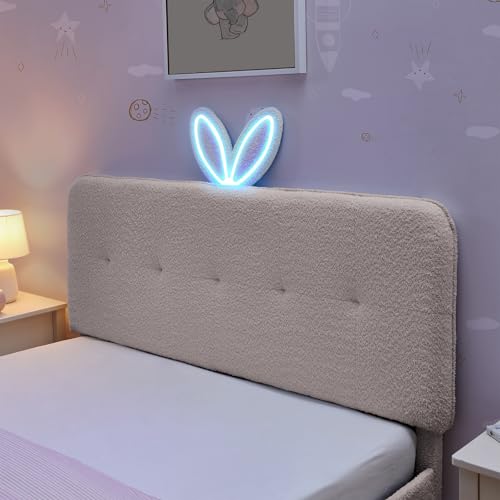 Image of Full Led Bed Frame with 4 Storage Drawer, Upholstered Platform Floor Bed with Rabbit Ear Headboard Daybed Strong Wooden Slats No Box Spring Needed for Kids Girls Boys, Pink