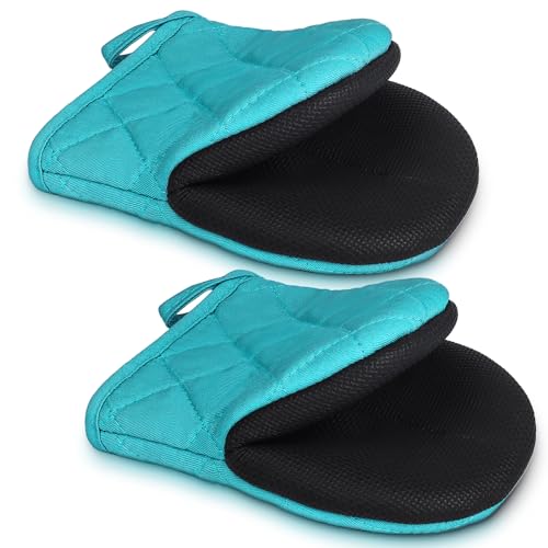 1 Pair Short Oven Mitts - Silicone Kitchen Oven Gloves High Heat Resistant 500℉, Mini Oven Mits with Non-Slip Grip Surfaces and Hanging Loop for BBQ, Baking, Cooking and Grilling (Coral Blue)