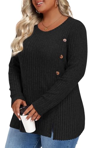 Image of HOTGIFT Womens Plus Size Sweater Tops Long Sleeve Crewneck Casual Tunic Shirts Buttons XL-5XL Blouse Soft Comfy Fashion