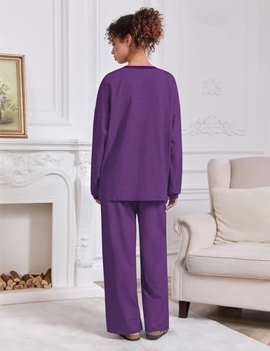 Image of MISSACTIVER Women's 2 Piece Striped Lounge Set Long Sleeve Oversized T-Shirt Wide Leg Pants Matching Pajamas Set