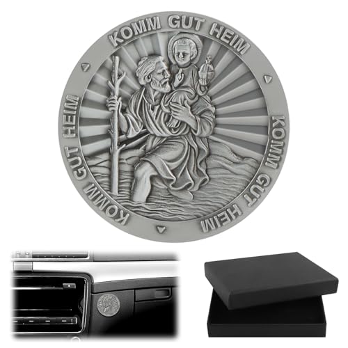 DXLing Heiligen Christophorus Auto Plaketten Ø 45mm GUT HEIM KOMM mit Magnet und 4 Doppelseitig Nanoklebeaufkleber Gesegnet Schutzpatron der Reisenden Christopherus Auto Magnet Modern