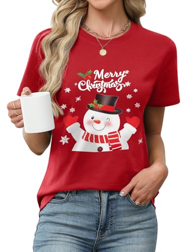 PASUDA Weihnachts T-Shirt Damen Merry Christmas Bedruckte T-Shirts Lustiges Weihnachten Tshirt Rundhals Baumwolle Lässige Kurzarm Holiday Oberteile (Rot-4 Größe XL)