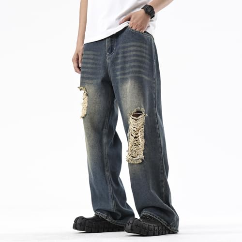 Men's Distressed Ripped Baggy Jeans Wide Leg Grunge Y2K Hip Hop Streetwear Casual Pants4