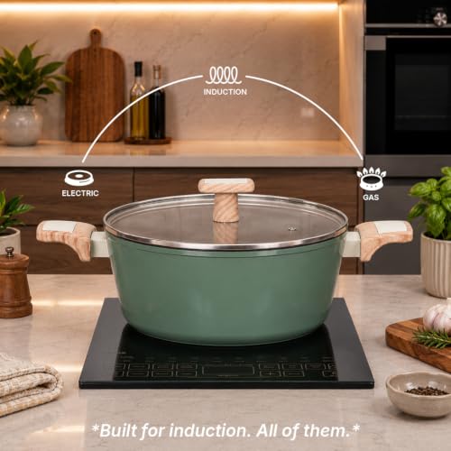 Image of Kreme Ceracook Ceramic Coated Granite 6 Pc Casserole Cookware Set, Stew Pot, Biriyani, ISI Certified Cooking Pot, Forged Aluminium, Gas & Induction Use, PFAS & PTFE Free, 1 Yr Warranty, Olive Green