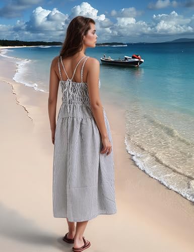Women's 2025 Summer Striped Smocked Maxi Dress Sleeveless Boho Sundress Double Strap Flowy Swing for Beach Vacation2