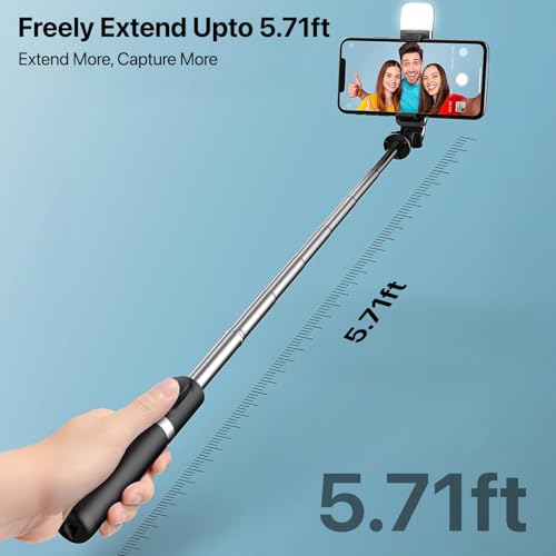 Image of Vaku Luxos Selfie Stick Tripod Stand with Fill Light & Wireless Remote, 69.6 inch /174CM Extendable Bluetooth Long Selfie Stick Compatible with iPhone & Android, Best for Vlogging, Reels & Travel